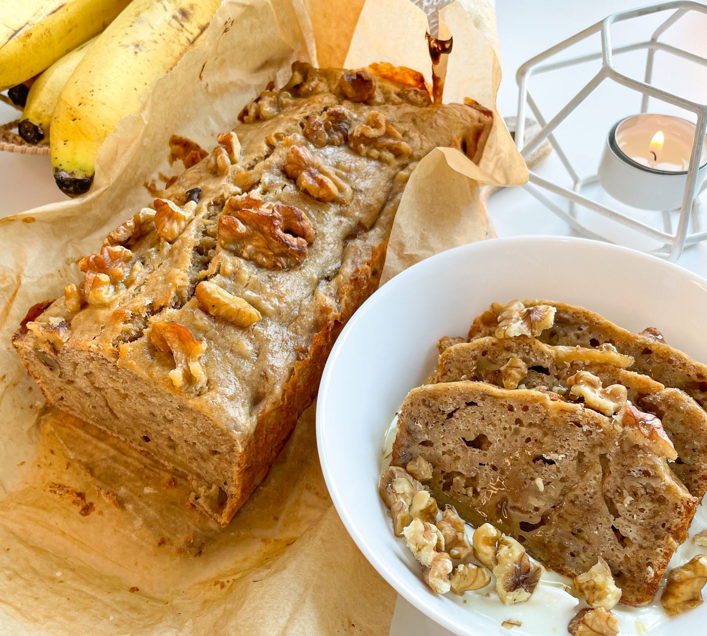 easy banana walnut loaf bread recipe sliced in a bowl