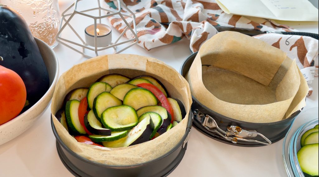 crustless spiral summer vegetables tart with zucchini eggplants and tomato
