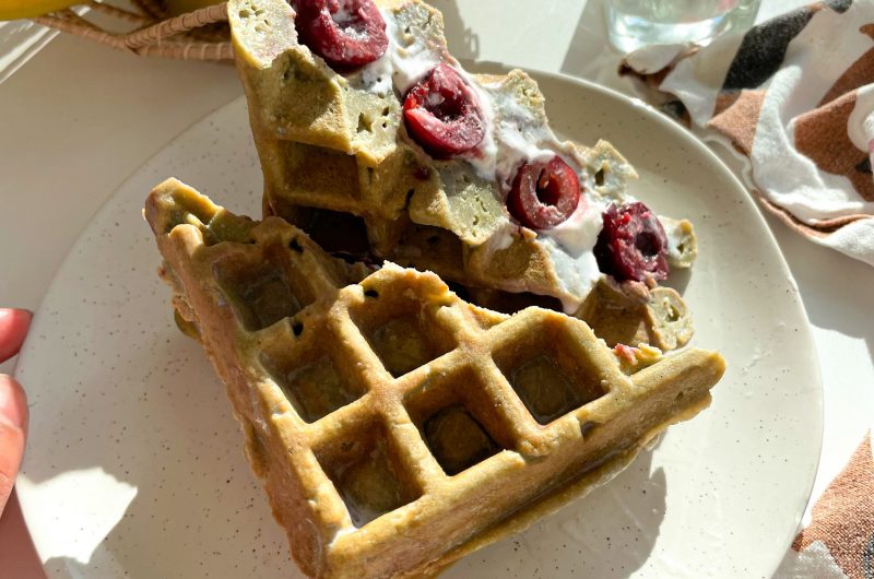 Matcha Waffle Sandwich with Cherry & Ice Cream | Easy dessert for 1 person