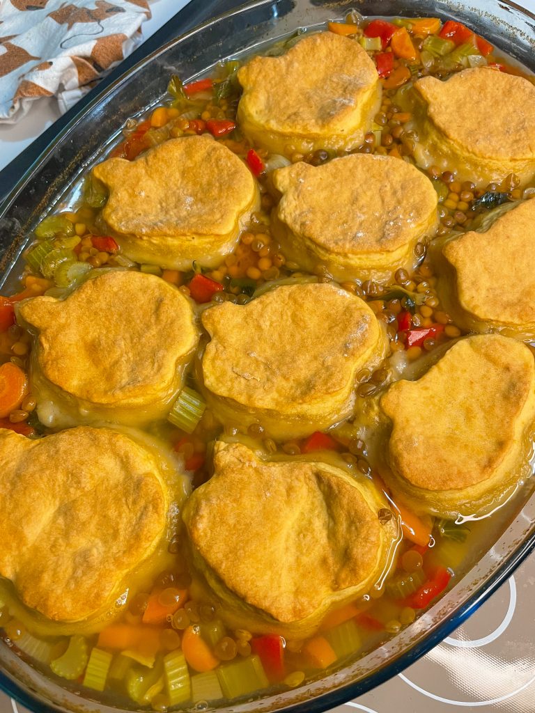 Vegan Lentil Pot Pie Soup with Pumpkin Biscuit Cozy meal I made this fall