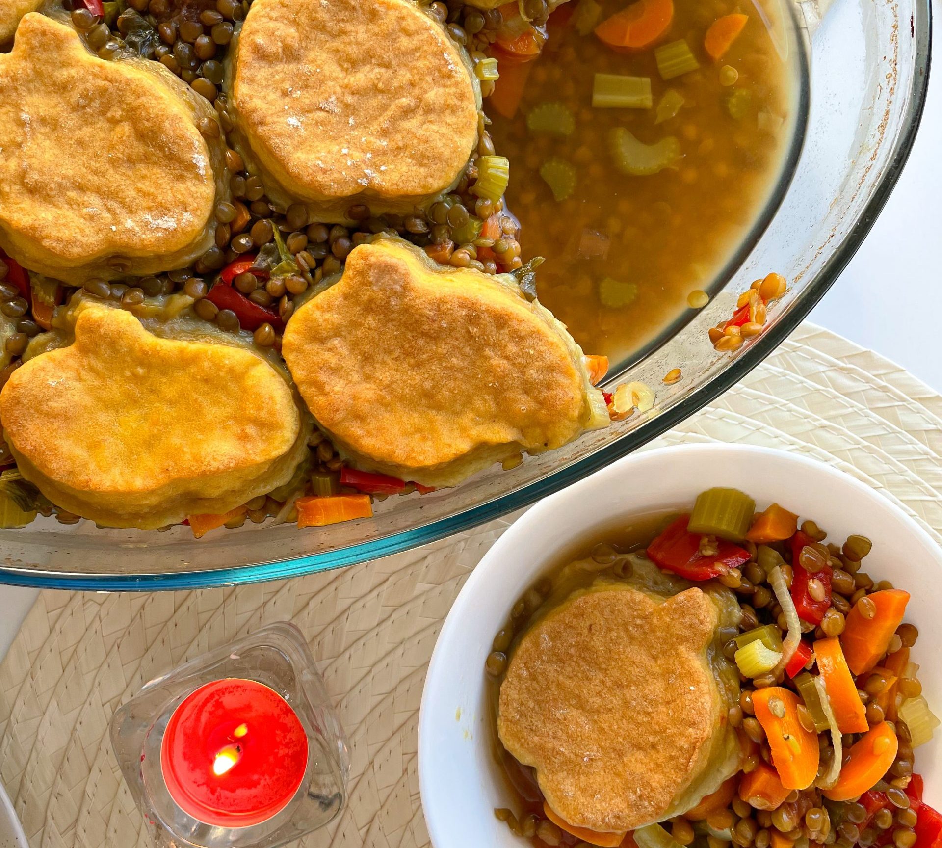 Vegan Lentil Pot Pie Soup with Pumpkin Biscuit comfort food to make this fall